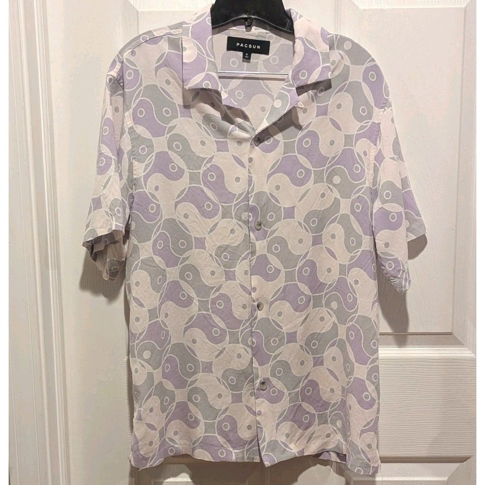 Y2K Yin Yang Shirt PacSun Pastel Purple Rayon Button Up Indie Retro Size S